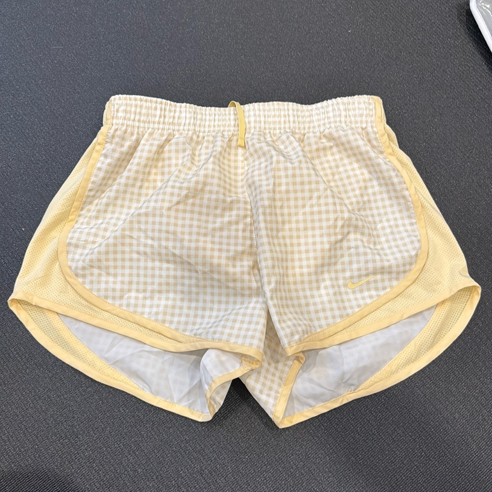 Nike Tempo 3" Dri-Fit Running Shorts Yellow Gingham Plaid Print Womens